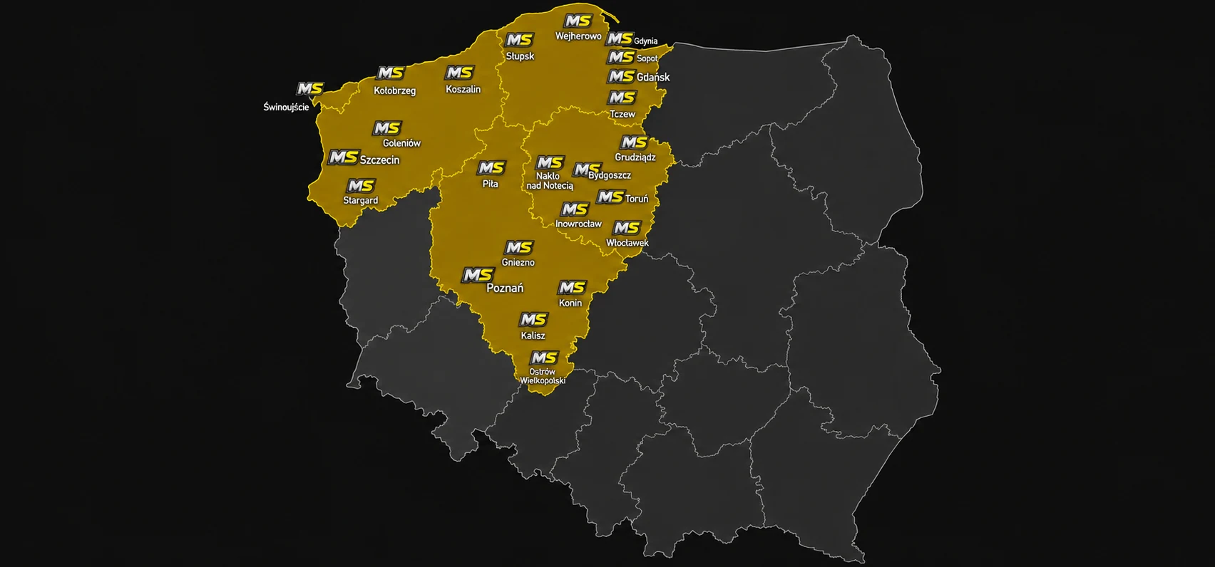 Mapa obszaru działania MultiSerwis: 4 województwa i 24 miasta